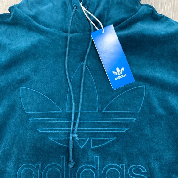 Adidas Flared Sleeve Velvet Blue Logo Hoodie - Picture 5 of 6